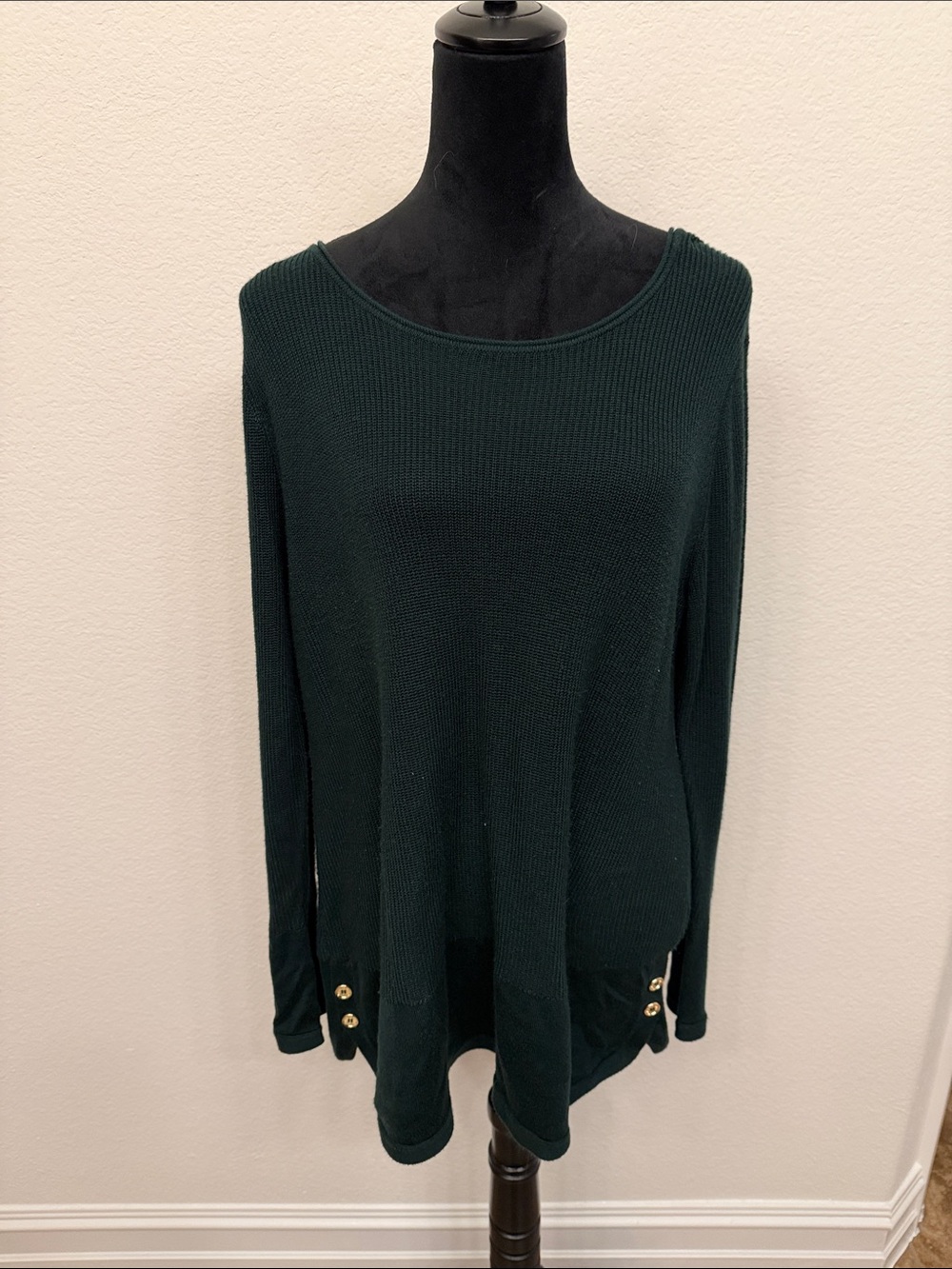 Calvin Klein Dark Green Scoop Neck Button-Hem Sweater
